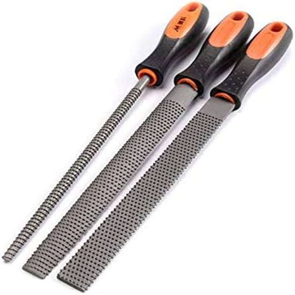 Three woodworking rasps with coarse teeth and orange handles.